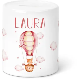 GRAVURZEILE Spardose für Kinder - Ballon Fuchs Design - mit Namen personalisiert - Geschenk für Jungen & Mädchen zum Geburtstag Kommunion Geburt Einschulung Weihnachten - Farbe: Spardose Rot