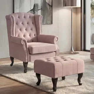 Sessel Chesterfield Oxford, Relaxsessel Clubsessel Ohrensessel, wasserabweisend Stoff/Textil ~ hellrosa mit Ottomane