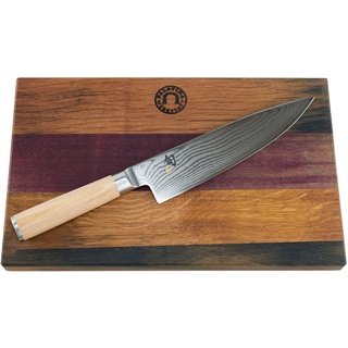 KAI Shun Messer – Classic White Set DM-0706W – Damastmesser mit 20cm Klinge – Japanisches Kochmesser für jede gute Küche + Schneidebrett 100% Handarbeit