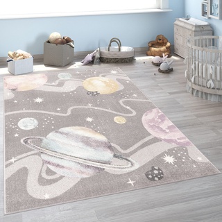 Paco Home Kinderteppich Teppich Kinderzimmer Junge Mädchen Modern Weltraum Planeten Sterne Weich Grau Mehrfarbig, Grösse:133x190 cm