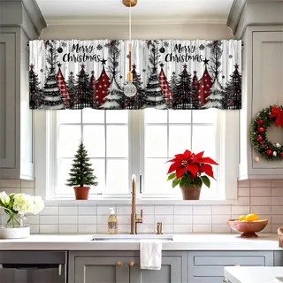 Odot Bistrogardine, Weihnachtsblumen Landhaus Scheibengardine, Küchengardinen mit Stangendurchzug, Vorhänge Wohnzimmer, Moderne Gardinen Kurz für Küchen Esszimmer (Weihnachten 6,55x175cm)