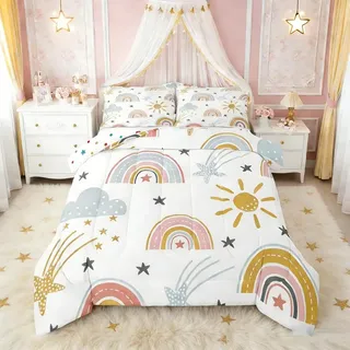 Erosebridal Regenbogen-Bettwäsche-Set für Mädchen, Sonne und Sterne, Doppelbettgröße für Kinder, Jungen, Kinder, Cartoon-Stil, Wolken-Bettwäsche, weiche Mikrofaser-Bettdecke für Schlafzimmer-Dekor