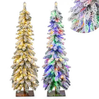 COSTWAY 120cm Bleistift Weihnachtsbaum mit Schnee, LEDs in warmweiß und bunt | 11 Lichtmodi | Timer, künstlicher Tannenbaum mit Beleuchtung & Metallständer, Christbaum Kunstbaum Weihnachten, Weiß