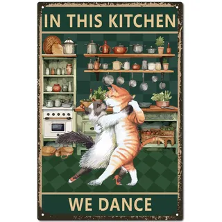 CREATCABIN Katze Vintage Schild Retro Metall Blechschild Poster Katze Kochen Malerei Plakette Eisenschild Wanddekoration Wandbild Hängeschild Für Wohnzimmer Liebe 30x20cm-Wir Tanzen In Der Küche