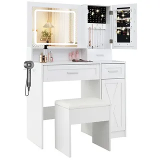 COSTWAY Schminktisch (1-St), mit LED, Ladestation, Schubladen, Schmuckschrank, Hocker weiß