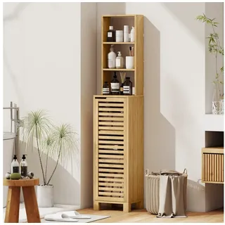 HOMCOM Badkommode mit 3 offenen Regalen, verstellbaren Regalen, Lamellentür (Badezimmerschrank aus Bambus, 1 St., Badschrank), für Badezimmer, Wohnzimmer 34 x 30 x 170 cm, Natur beige