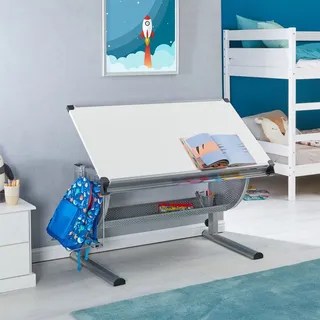 CARO-Möbel Kinderschreibtisch SARI höhenverstellbar in weiß/alu, Schreibtisch für Kinder neigbar mit Rille für Stifte, Schülerschreibtisch mit Ablage und... - Weiß