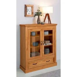 OTTO home Vitrine Selma Highboard aus massivem Kiefernholz, mit Griffen aus antikisiertem Metall beige