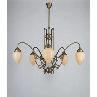 Licht-Erlebnisse Pendelleuchte D266, ohne Leuchtmittel, Glas Messing H: max. 110 cm in Berliner Elfenbein E27 Jugendstil bunt
