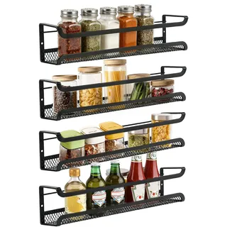 LCUHAVA Gewürzregal Wand, 4 Stück Gewürzregal ohne Bohren, Gewürz Organizer aus Metall mit Kleber und Schrauben, Schwarz, 29 x 7 x 7 cm, Geeignet für Küche und Küchenschränke