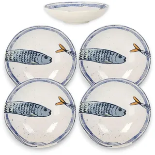 Teller im mediterranen Design mit Sardinen-Motiv 2.0 | Maritime Speiseteller, Suppenteller, Dessertteller, Servierplatten, Bowls - robust, Steinzeug, glattes Finish (4er Set Suppenteller (21 cm))