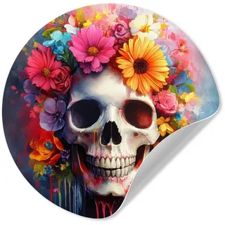 MuchoWow Wandsticker Totenkopf - Blumen - Totenkopf - Bunt (1 St), Runde Aufkleber für Wohnzimmer, Selbstklebend, 100x100 cm bunt 100 cm x 100 cm x 0.1 cm