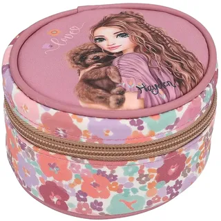 Depesche 13062 TOPModel Floral - Rundes Schmuckkästchen in dunklem Pink, mit Model Motiv und Blumen Muster, Schmuckbox mit Steppung