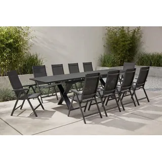 KETTLER BasicPlus Garten-Essgruppe, anthrazit, Alu / Spraystone / Textil, Tisch 180/280x100cm, 10 Klappstühle