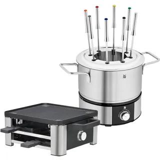 WMF Set 2-teilig Raclette Grill mit Pfännchen und Schiebern, Raclette 4 Personen, 870 W, Edelstahl und Lono Fondueset für 8 Personen, Fondue elektrisch, 1400 W, Temperaturregulierung, Gabel-Halterung