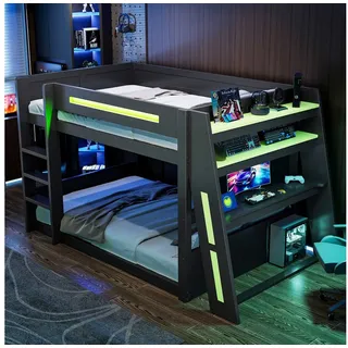BlingBin Etagenbett Gaming Etagenbett 140x200 cm aus Holz mit Schreibtisch (1-St., Hochbett/Loftbett in Schwarz/Grün, inkl. Lattenrost), mit 2 Ablagen, USB-Anschluss & LED-Lichtleiste