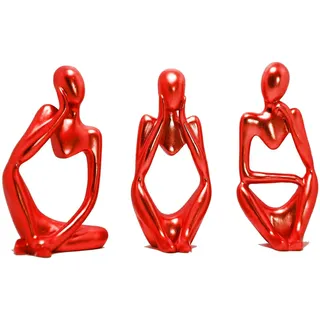 3PCS Denker Skulptur Deko Modern Wohnzimmer, Skulpture Dekoration für Regal und Büro, Statue Bücherschrank Dekoration, Industrial (Rot)