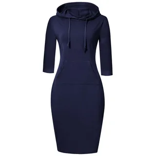 MISSKY Damen Pullover Streifen Tasche knielänge dünnes Sweatshirt kausalen Hoodie Kleid mittel dunkelblau - M