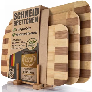GOODS+GADGETS® 3er Schneidebrett Holz Set Bambus mit Ständer, bis 39 cm | Klingenschonend, 3 Größen für Küche & Esstisch, als Servierbrett & Frühstücksbrettchen, gestreift, ohne chem. Geruch.