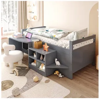 Flieks Kinderbett, Halbhochbett 90x200cm mit Schreibtisch, Schrank und Aufladenfunktion grau 132.5 cm x 204 cm x 70 cm