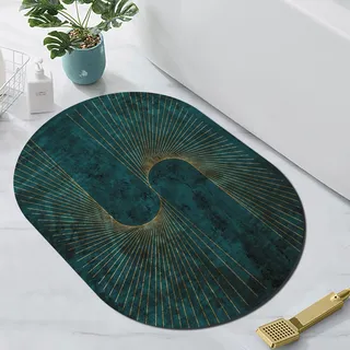 SRTJURFG Teppich Oval Anti-Rutsch, Kurzflor Area Teppiche, Groß Schutzmatten für Wohnzimmer, Flur, Schlafzimmer, Kinderzimmer Smaragd dunkelgrün und hellgoldene Linien, 80 x 120 cm