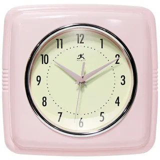 Infinity Instruments Quadratische, stille Retro-Wanduhr, 22,9 cm, Mitte des Jahrhunderts, Moderne Küche, Esszimmer, Retro-Wanduhr, Quarz-Uhrwerk (Rosa)