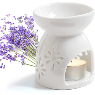 Duftlampe für ätherische Öle, Keramik Aromalampe mit Teelichthalter und Blumenmuster, Duftöl Diffusor, Aroma Diffuser für entspannende Atmosphäre, 9,5x7,5x5,3 cm