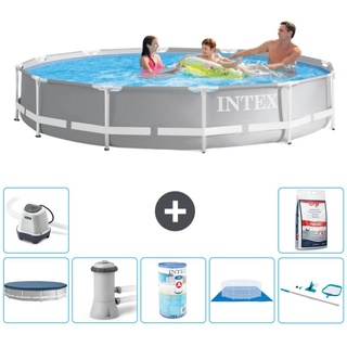 Intex Pool mit rundem Prismenrahmen – 366 x 76 cm – Grau – im Lieferumfang enthalten Abdeckung - Filterpumpe für Schwimmbad - Filter - Boden...