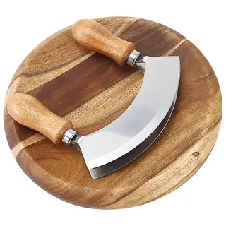 Refined Living Wiegemesser Doppelklinge Edelstahl Wiegemesser mit Schneidebrett, kräuterschneider, kräuterschneider Kräuterschneidebrett Hackmesser Biegemesser Käse
