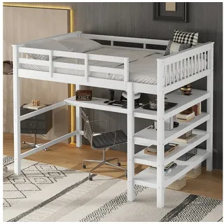 OKWISH Bett Stauraumbett Funktionsbett Hochbett, Betten für Zuhause (Gästebett Jugendbett Holzbett mit Ablagefächern und Unterbettschreibtisch, 140 x 200cm), Ohne Matratze weiß