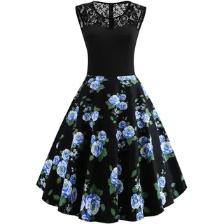 Axoe Damen 50er Jahre Rockabilly Kleid mit Blumenmuster Ärmellos, Farbe12, XL (44 EU) - XL
