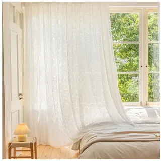 Sunicol Gardine Stickerei Spitze Voile Gardinen, Transparent Vorhang mit Perle, Weiß, (2 St), Kräuselband, Vorhänge für Wohnzimmer Schlafzimmer 140 cm x 250 cm