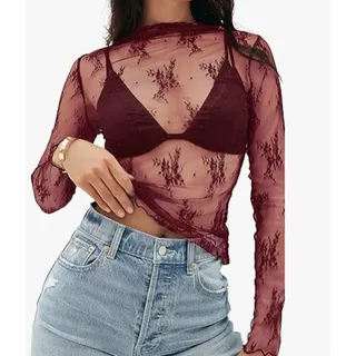 SageFurned Spitze Netz Longsleeve Damen für Slim Fit Durchblick Top Spitze | Feines Spitzennetz, transparenter Look, O-Ausschnitt, für slim fit, für Party und Club