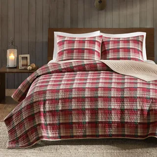 Woolrich Ganzjahres-Lichtbezug, gemütliche Bettschicht, passende Kissenbezüge Wendebettwäsche-Set – Landhaus-Stil, umgekehrt zu einfarbig, Baumwolle, Kariert, Rot/Hellbraun, Oversized Cal King, 3