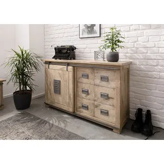 industrial Sideboard hell 6 Schubladen Schiebetür Mangoholz massiv Kommode