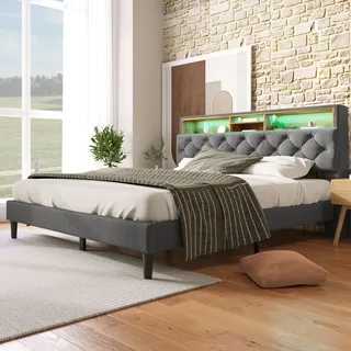 MODFU Polsterbett 140x200 cm – Bett mit Stauraum – Polsterbett, Doppelbett – mit Lattenrost, Bettkasten, LED-Beleuchtung, grau (Matratze nich... - Grau