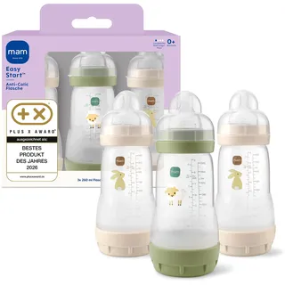 MAM Easy Start Anti-Colic 3x 260 ml, 0+ Monate, Gr. 1, Hase | Selbst-sterilisierend in der Mikrowelle in 3 Min, Anti-Kolik-Bodenventil, brustähnlicher SkinSoft Sauger, ab Geburt