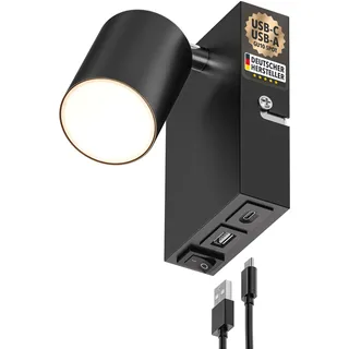 ledscom.de Wandleuchte WAIKA mit USB-C & USB-A, Nachttischlampe zur Wandmontage mit Schalter, schwarz, GU10 max. 15W