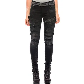 Cipo & Baxx Damen Jeans Hose Destroyed Ausgefallen Denim Biker Jeans Slim Fit Design Pants Jeanshose Schwarz W28 L34 - 28