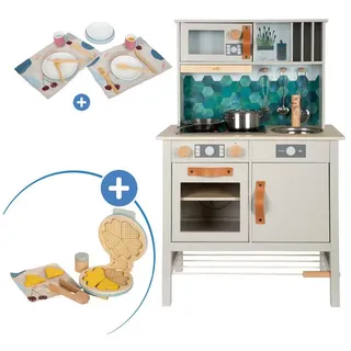 Small Foot Spielküche Tasty - Grau Holz, Kinder Spielküche Kinderküche mit Geschirr Set & Waffeleisen Set grau