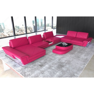 Sofa Dreams Wohnlandschaft Ledersofa Couch Ferrara XXL Leder Sofa mit, USB, LED, Multifunktionskonsole rosa|schwarz