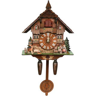 HUOMMGS Kuckucksuhr Vintage Wandmontage Wanduhr Antike Hausform Kuckucksuhren Römische Ziffern Wanduhr Dekoration Uhr mit Kuckucksuhr und Ohne Tickgeräusche Funktion für Wohnzimmer, Schlafzimme