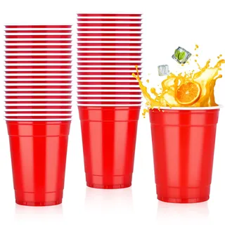NUZEKY Plastikbecher Rot Mehrweg Becher - 50 Stück Partybecher 12 oz/ 355ml - Red Cups Getränkebecher für Camping, Weihnachten, Geburtstag, Hochzeit und Partys, AQY54589ERYQYT