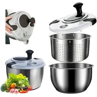 5L Salatschleuder, Salatschleuder Edelstahl, Salatschleuder Mit Deckel, Lebensmittelecht Edelstahl, Rutschfester Sockel, Effizient zur Salatzubereitung & Lebensmittelreinigung (Edelstahl 304)