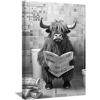 LZIMU Lustiges Badezimmerbild auf Leinwand Hochlandkuh sitzt auf der Toilette und liest Zeitung Leinwandbild Schwarz Weiß Tiere Poster Wanddekoration Gerahmt(1, 40x60cm)