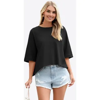 Imily Bela T-Shirt Damen Oversized Cropped Shirt Rundhals Casual Oberteil (Packung, 1-tlg., 1per-Pack) mit 3/4-Ärmeln und abgerundetem Saum in Unifarbe schwarz XL(42)