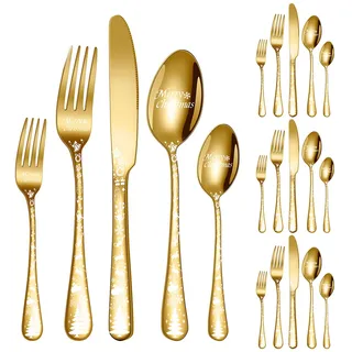 Weihnachtsbesteck Set,Besteck Set Service,Edelstahl Besteck Geschirr,Handgriff mit Weihnachtsbaum und Rentiermotiven,Messer Gabel Löffel,Hochglanzpoliert & Spülmaschinengeeignet (Gold,20-teilig)