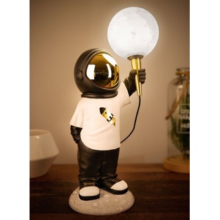 BRUBAKER LED Nachttischlampe Astronauten Tischlampe - 46 cm Weltraum Tischleuchte, mit USB-C Stecker, LED fest integriert, Handbemalte Dekofigur Statue mit Mond Lampe - Gold und Schwarz schwarz|weiß