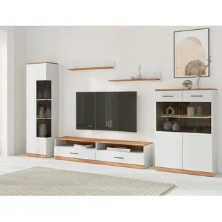 OTTO home Wohnwand Ribe: 5teilig, Breite: 280cm,Fronten aus Massivholz,Korpus aus Melamin, (Set, 5-St), Glaseinsatz aus gehärtetem Glas, Einlegeböden teilweise verstellbar weiß