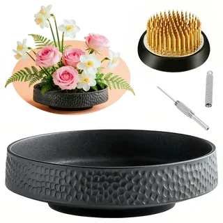 Japanisches Ikebana-Vasen-Set, Flache Blumenbehälter, Keramik, Ikebana-Vase mit 4 cm Blumenfrosch und Floristik, Blumenfrosch, Kenzan-Nadel-Glättwerkzeug (Hammermuster-Schale)